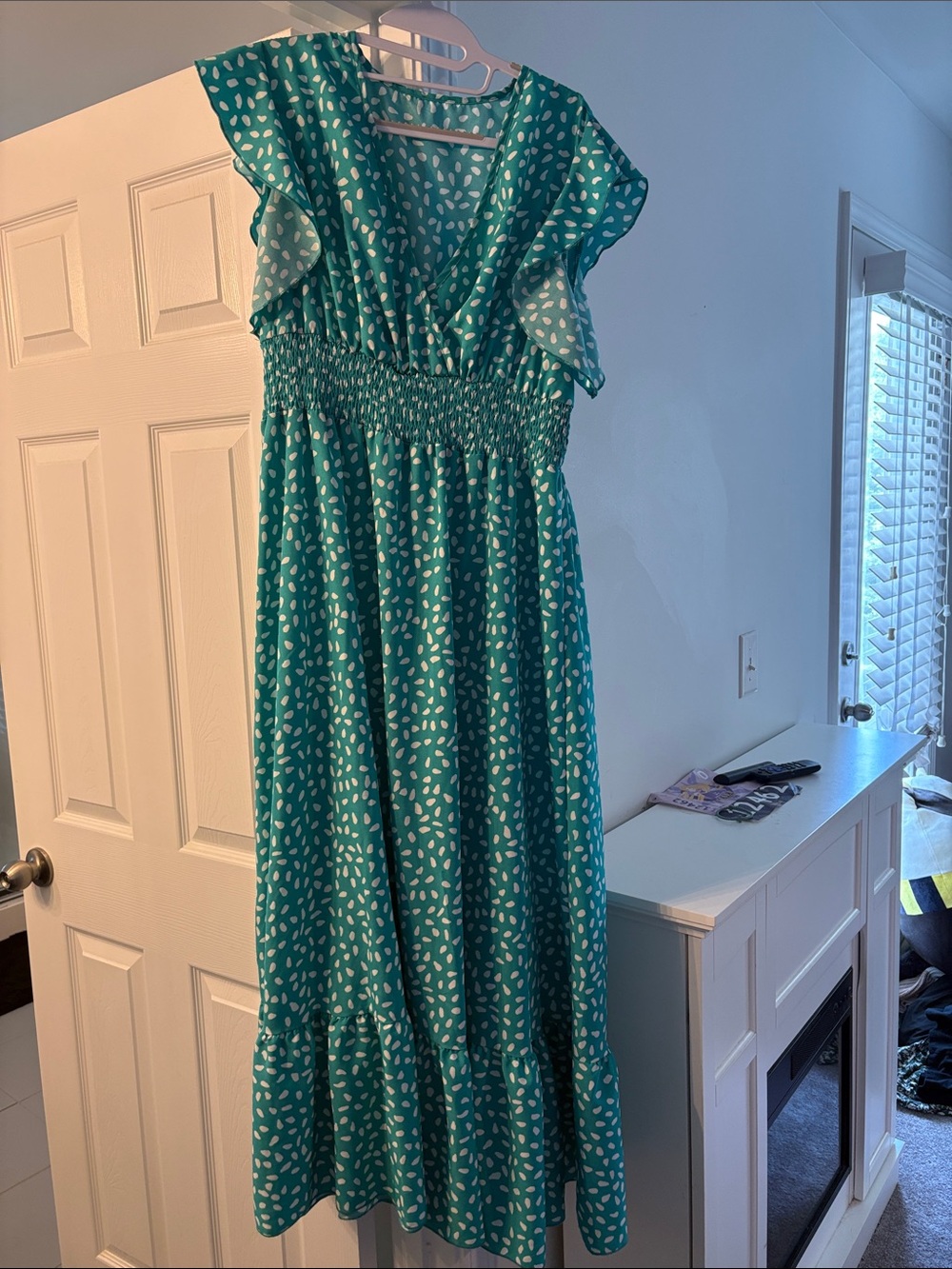 Teal White Dot Midi Dress with Smocked Waist